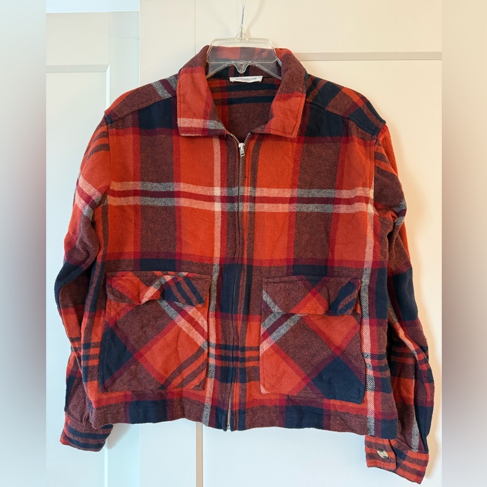 Orange/Blue Cropped Plaid Flannel Jacket Sz S Western Cabincore Ranch